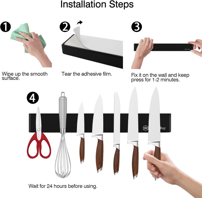 Rich&Ray Magnetic Knife Strip No Drilling, Kitchen Knife Magnetic Holder for Wall, Kitchen Accessories Organizer Bar or Used in Organizing Tools (Stainless Steel-12 inch, Black) - Image 2
